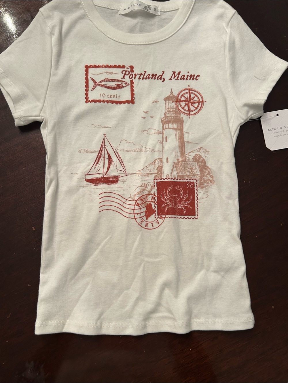 NWT Altar'd State White Tee with Red Portland Maine Nautical Print